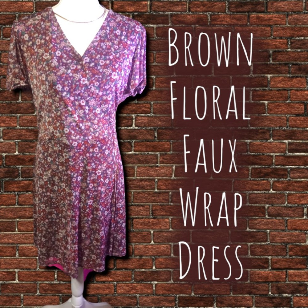 Brown Floral Faux Wrap Dress